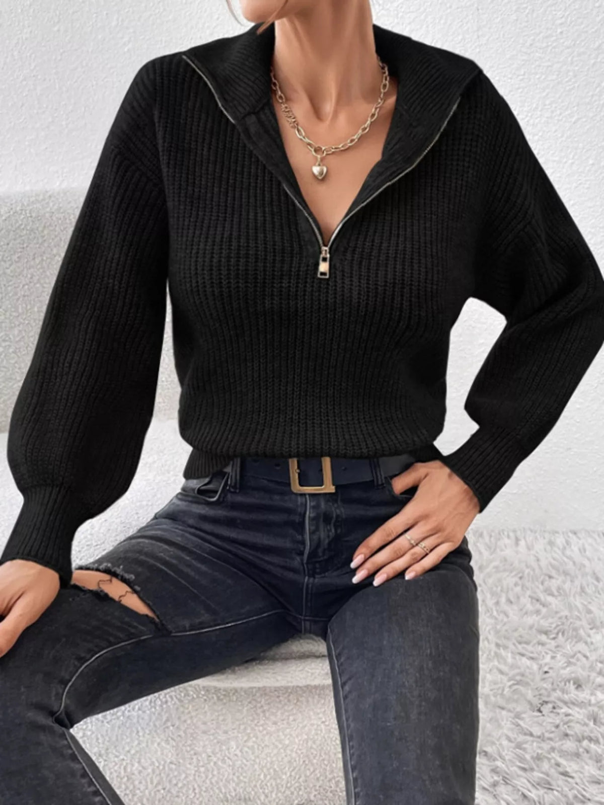 Women's Quarter-Zip Dropped Shoulder Sweater in Black, front view