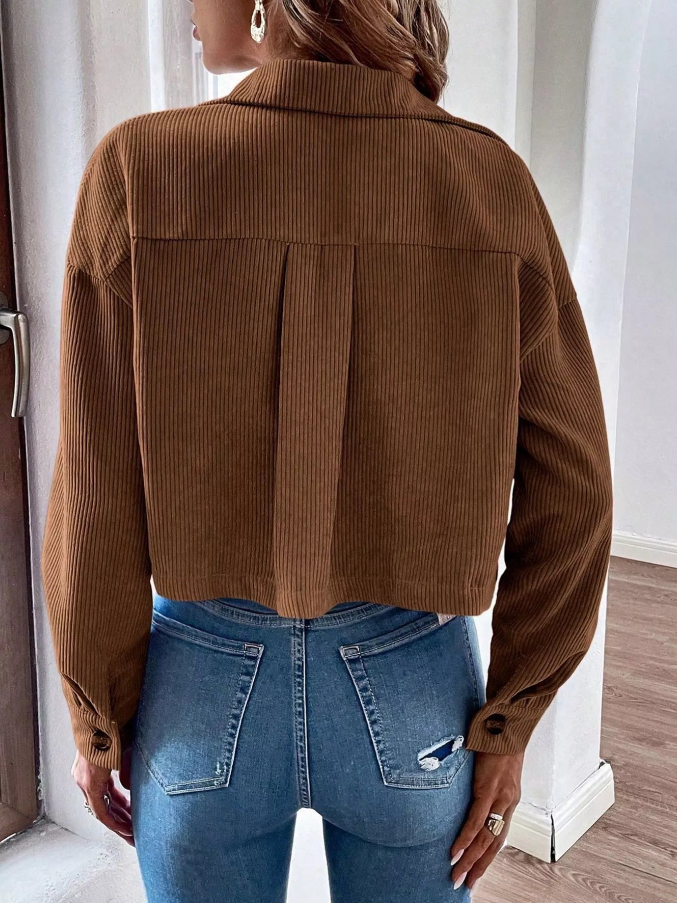 Trendsi Cropped Corduroy Button-Down Jacket -