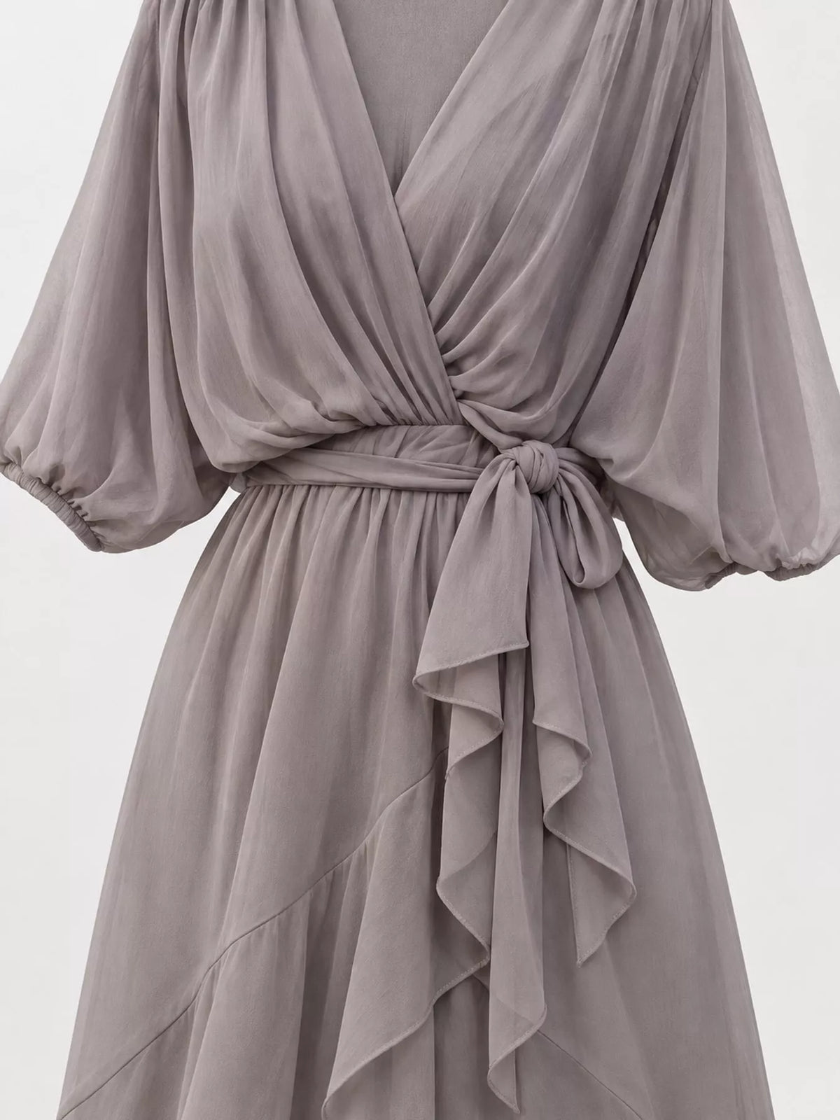 Gray batwing sleeve wrap dress with waist tie, detail view