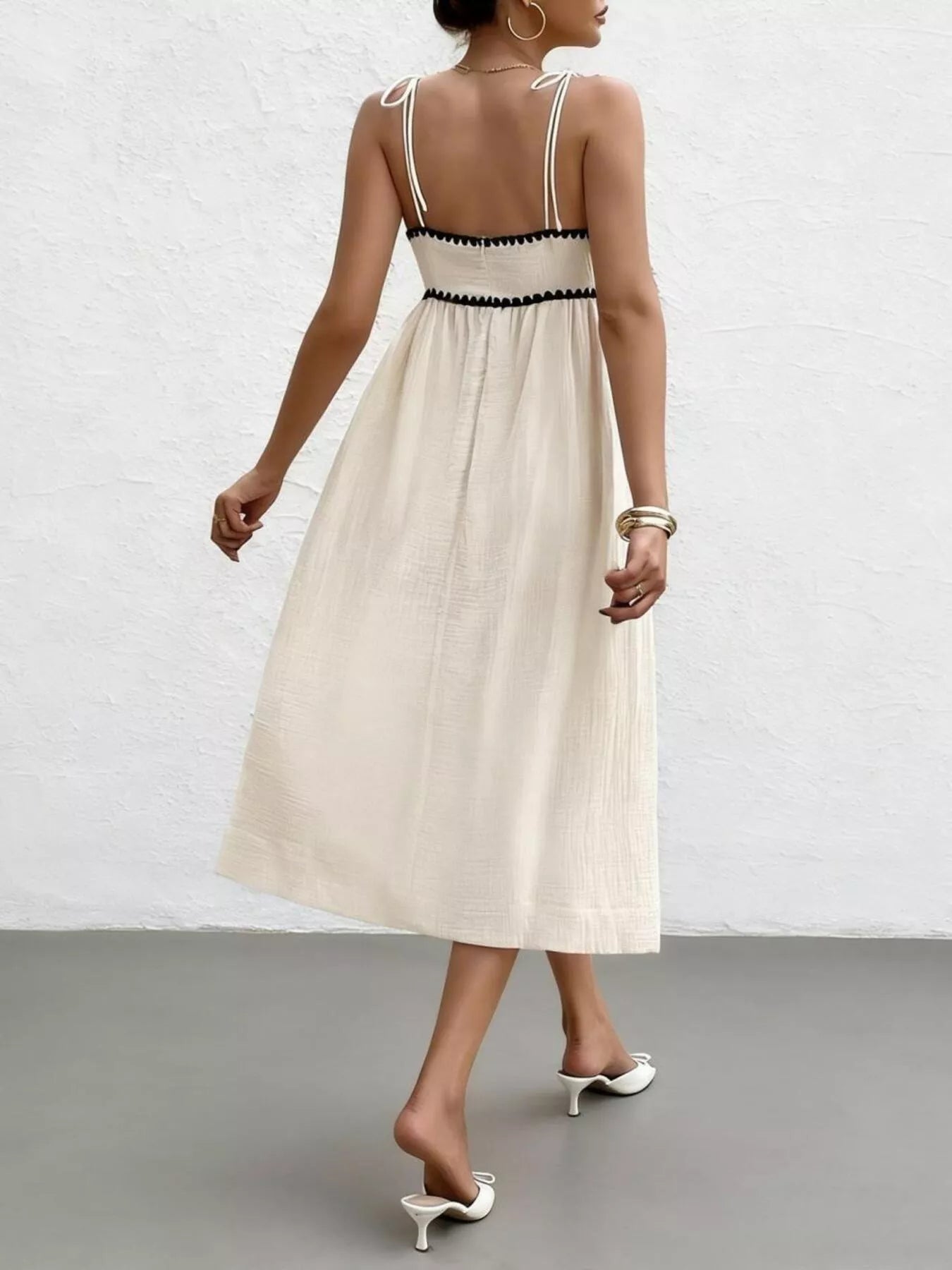 Trendsi Contrast Trim Tie Shoulder Midi Dress -