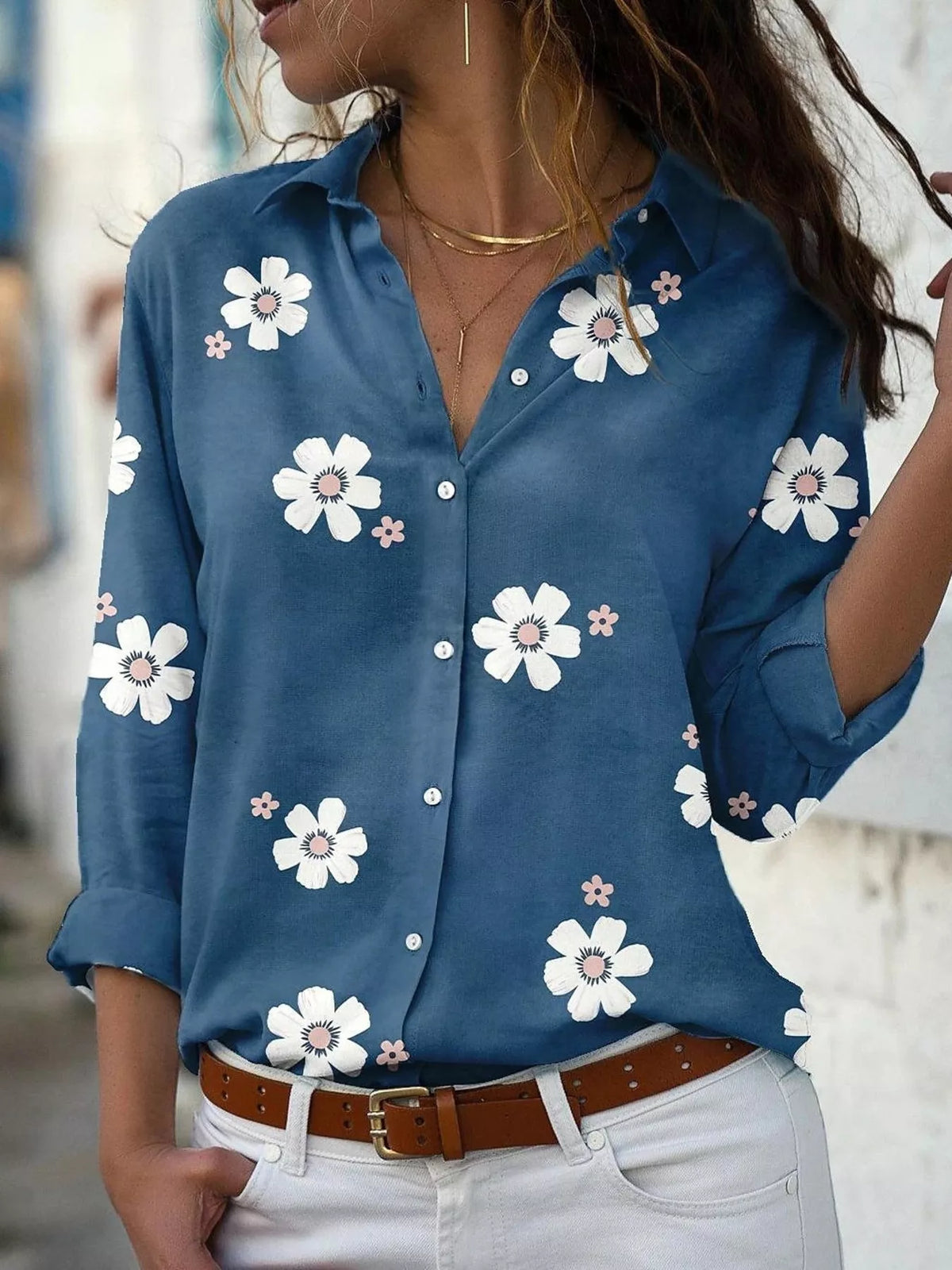 Peacock Blue Floral Print Button-Down Casual Shirt front view