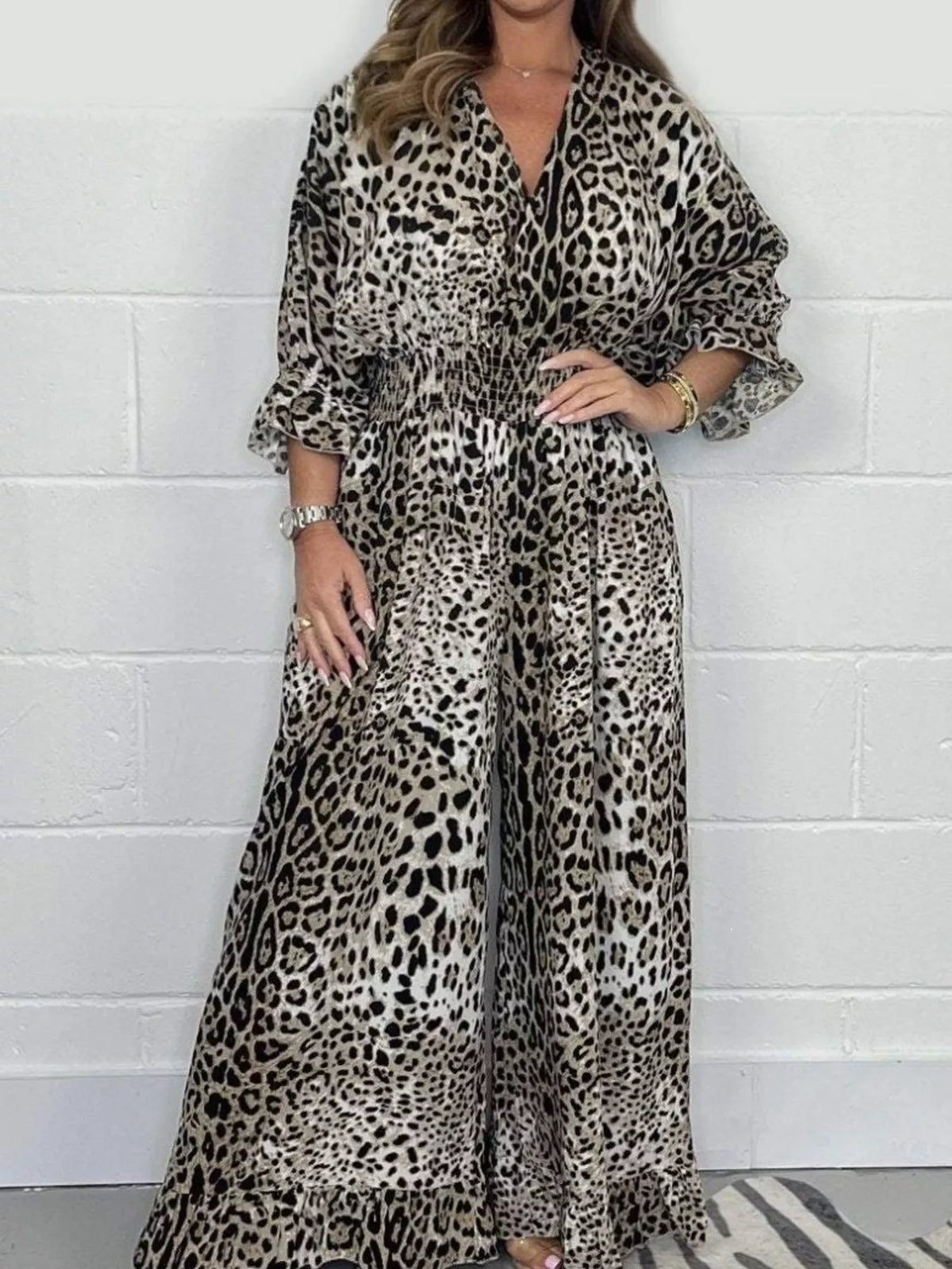 White leopard leopard print v-neck wide-leg jumpsuit — front view