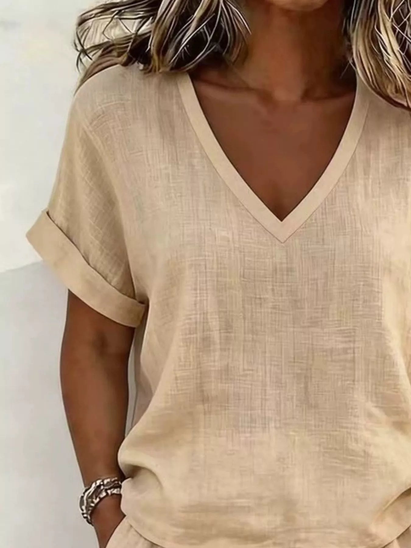 Trendsi V-Neck Linen Blend Short Sleeve Top and Shorts Set -
