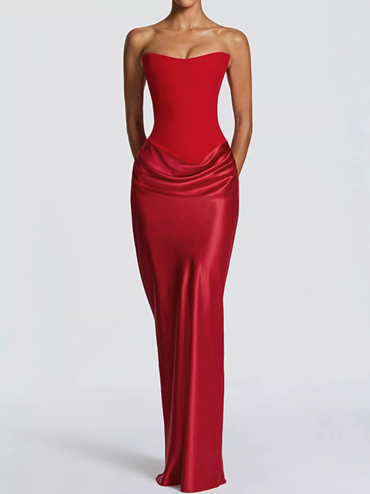 Sweetheart neck strapless maxi dress, front view on model