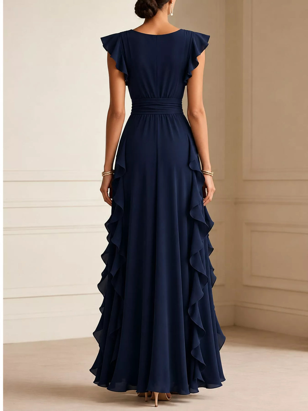 Navy ruffled surplice maxi dress, back view
