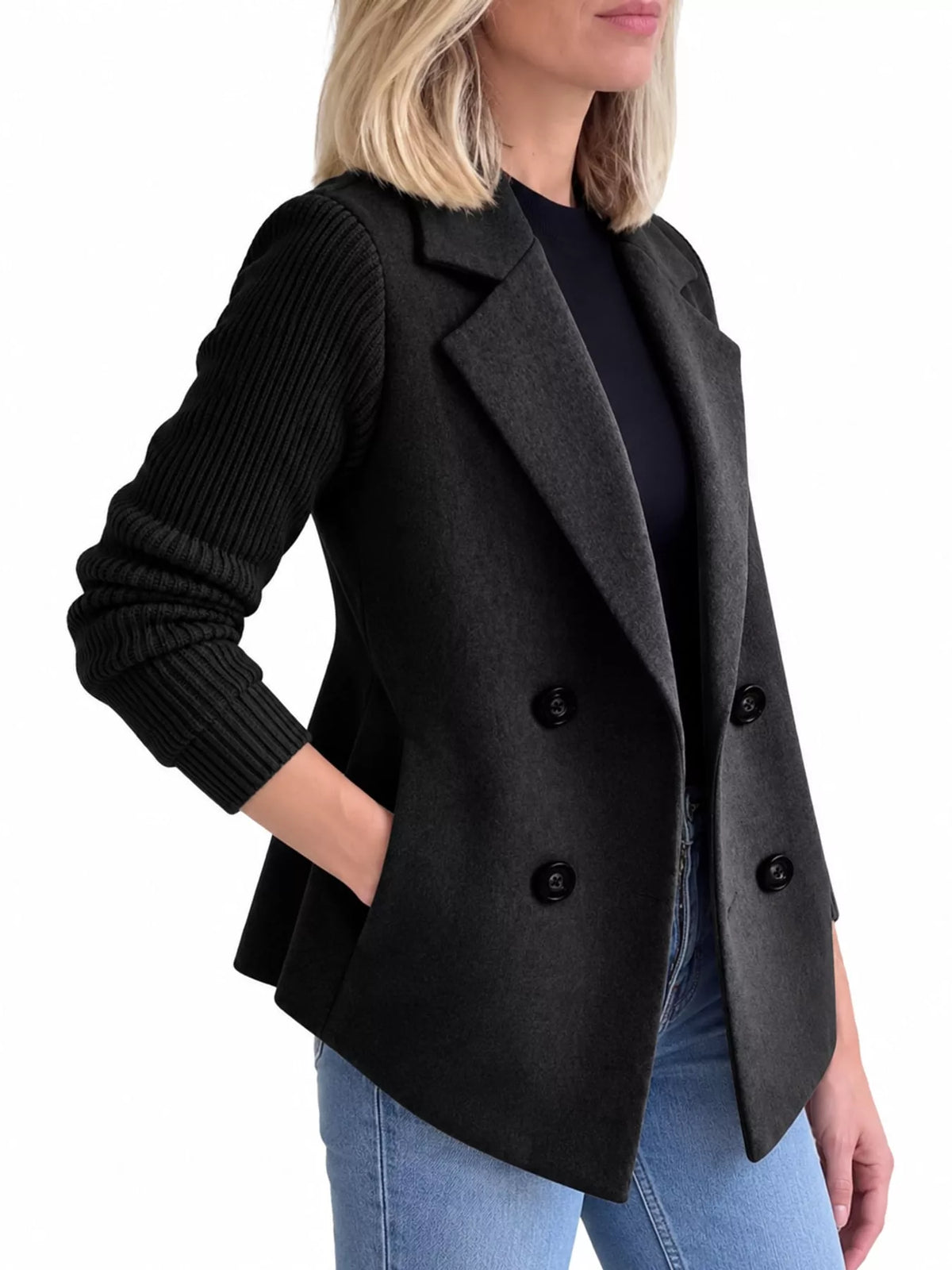 Black double-breasted blazer with ribbed knit sleeves