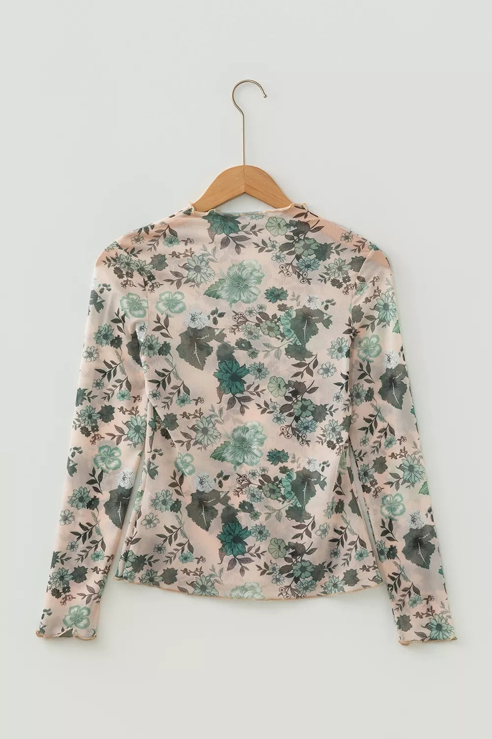 Trendsi Floral Print Mesh Mock Neck Long Sleeve Top -
