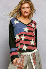 Trendsi POL Double Gauze American Flag Patch V-Neck Long Sleeve T-Shirt -