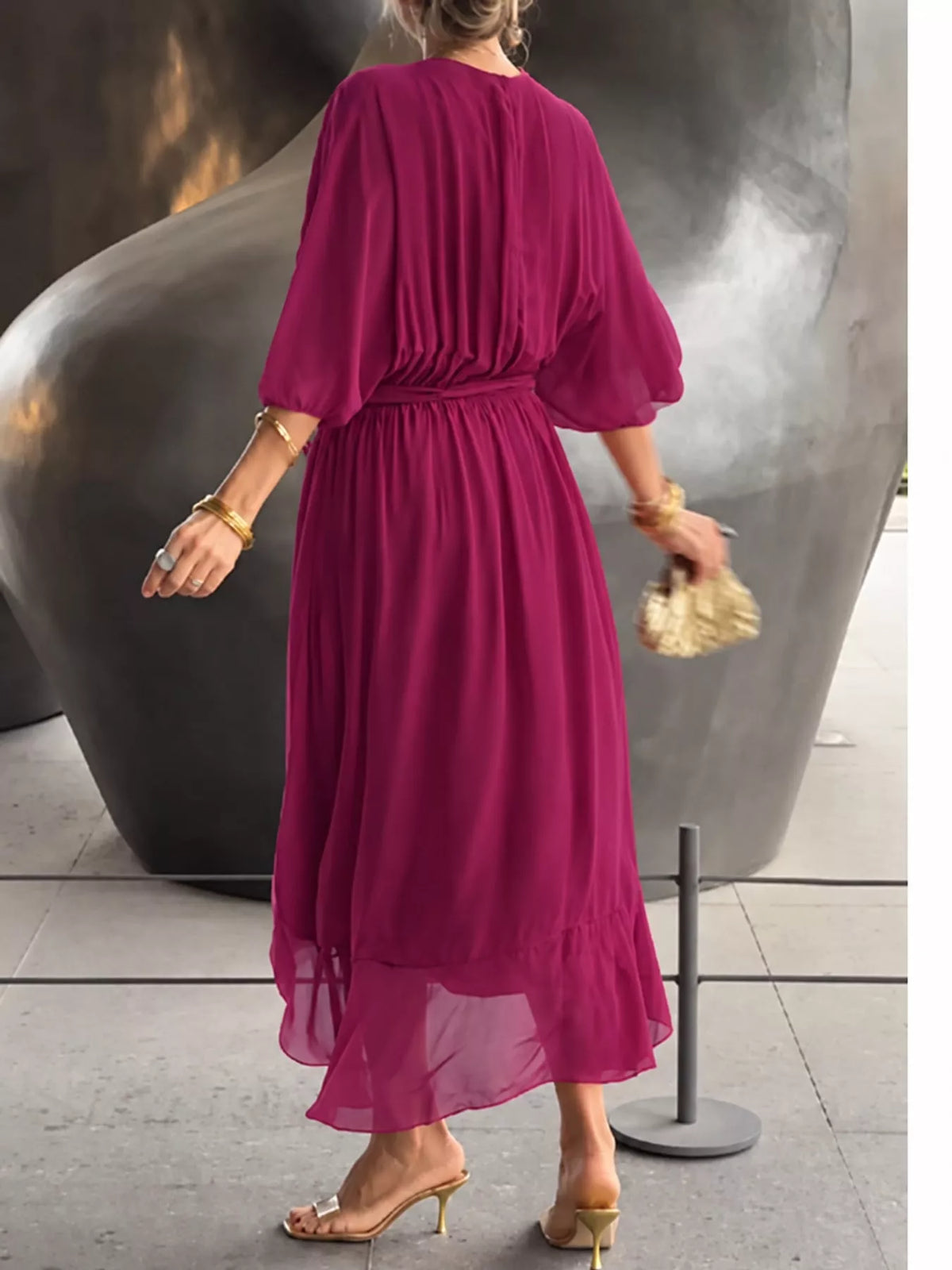 Magenta batwing sleeve wrap dress with waist tie, back view