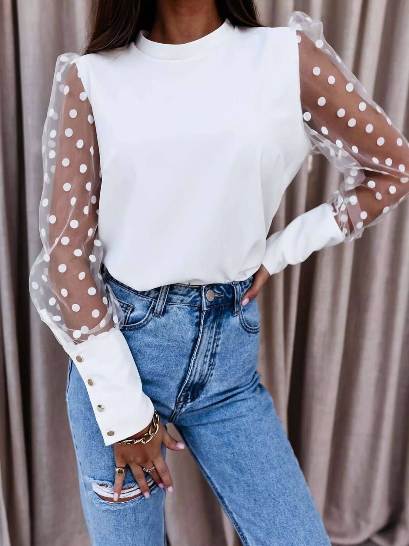 Trendsi Sheer Polka Dot Sleeve Top -