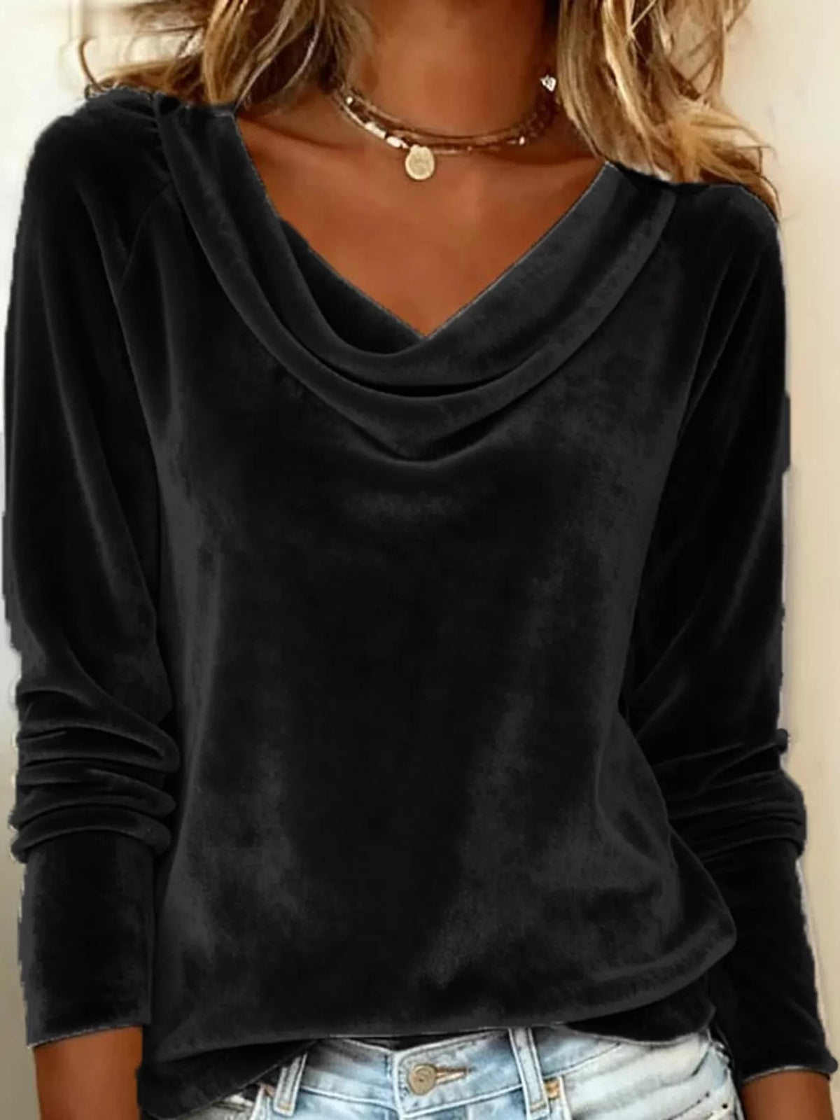 Black velvet cowl neck long sleeve t shirt, front view