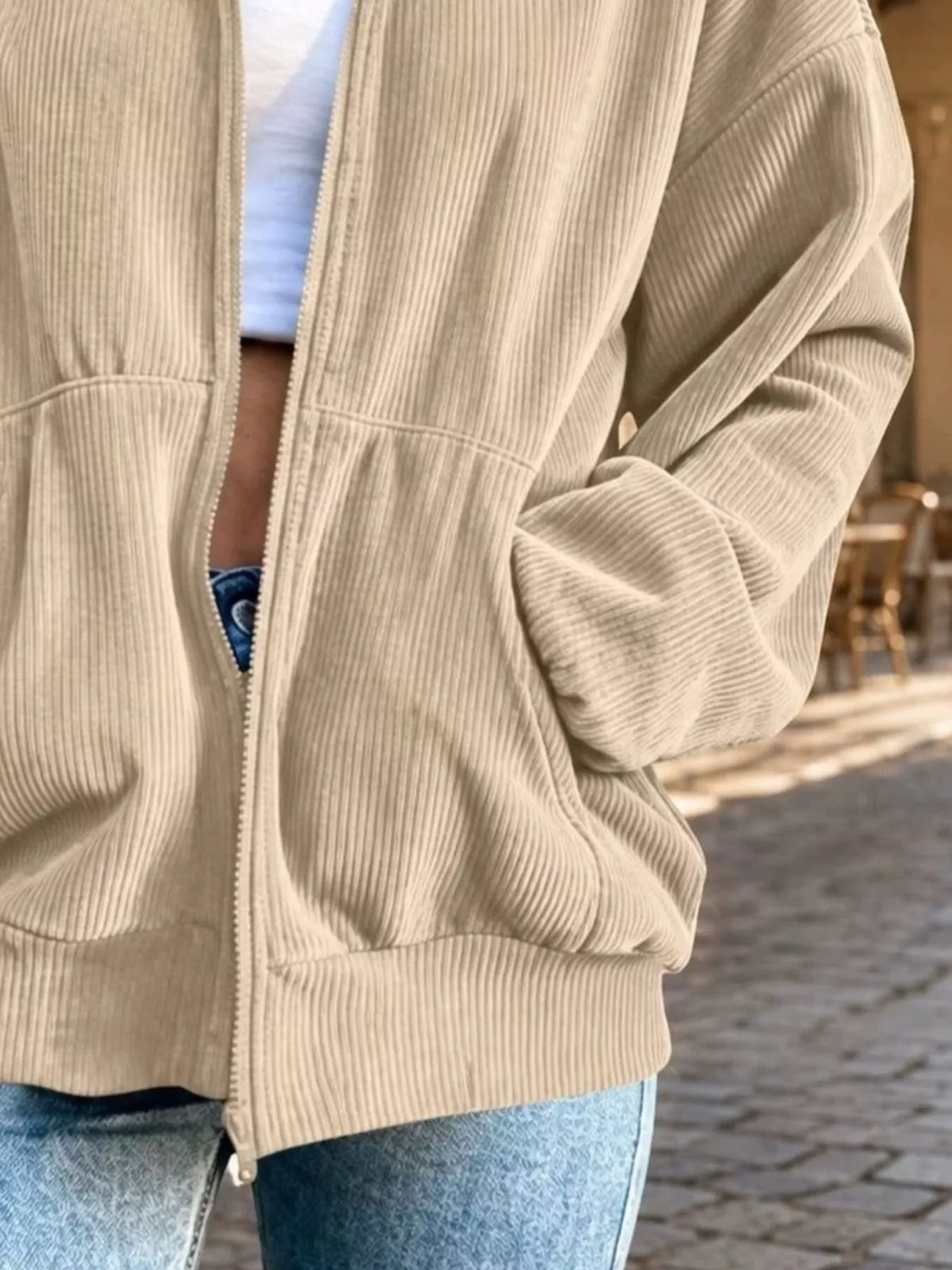 Women's Zip Up Dropped Shoulder Corduroy Jacket in beige — pocket detail view