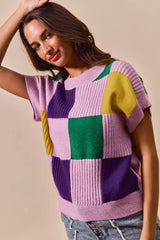 Trendsi SO ME Mardi Gras Check Plaid Casual Sweater Top -