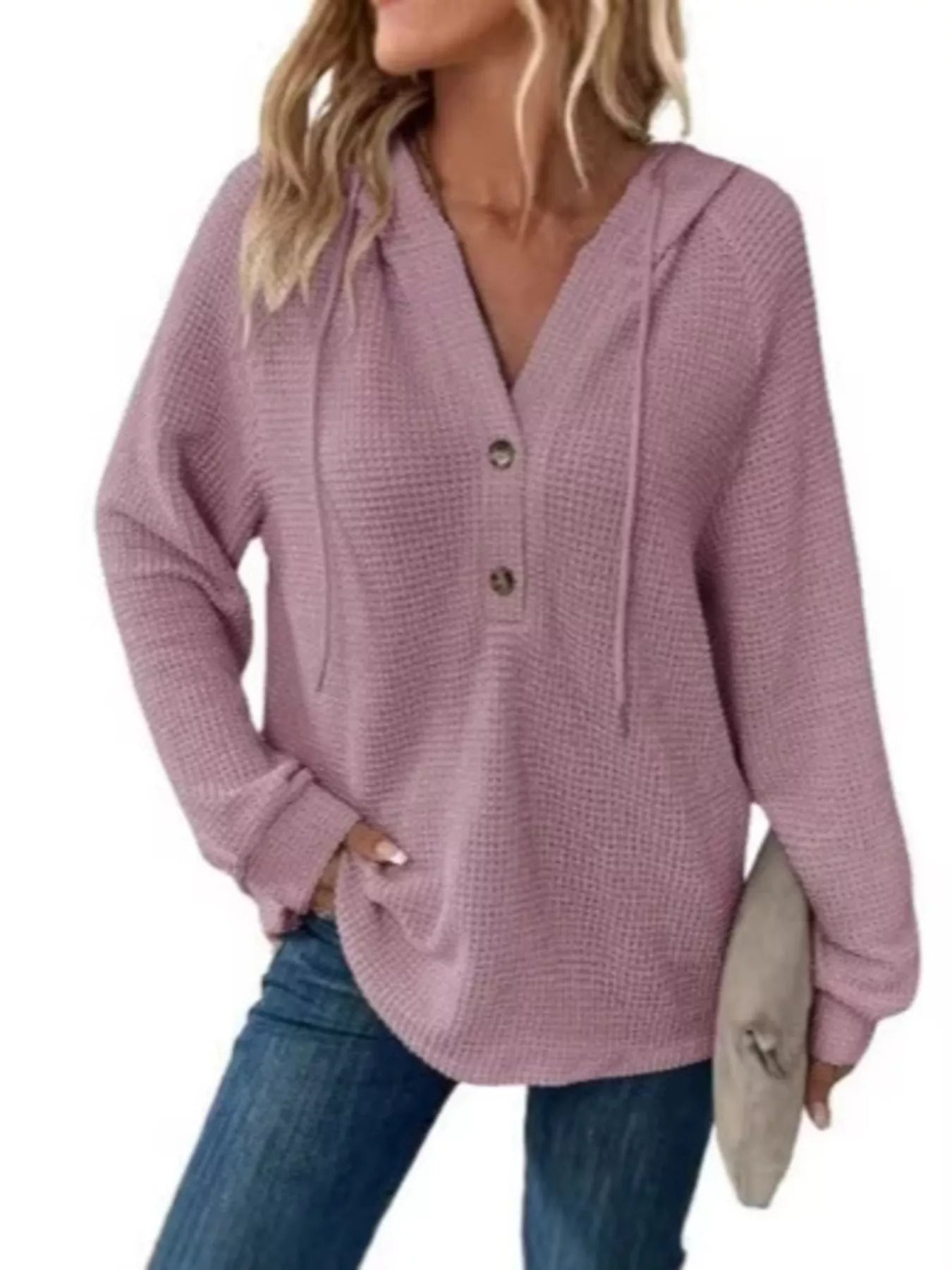 Trendsi Full Size Waffle Knit Half-Button Hoodie Plus Size -