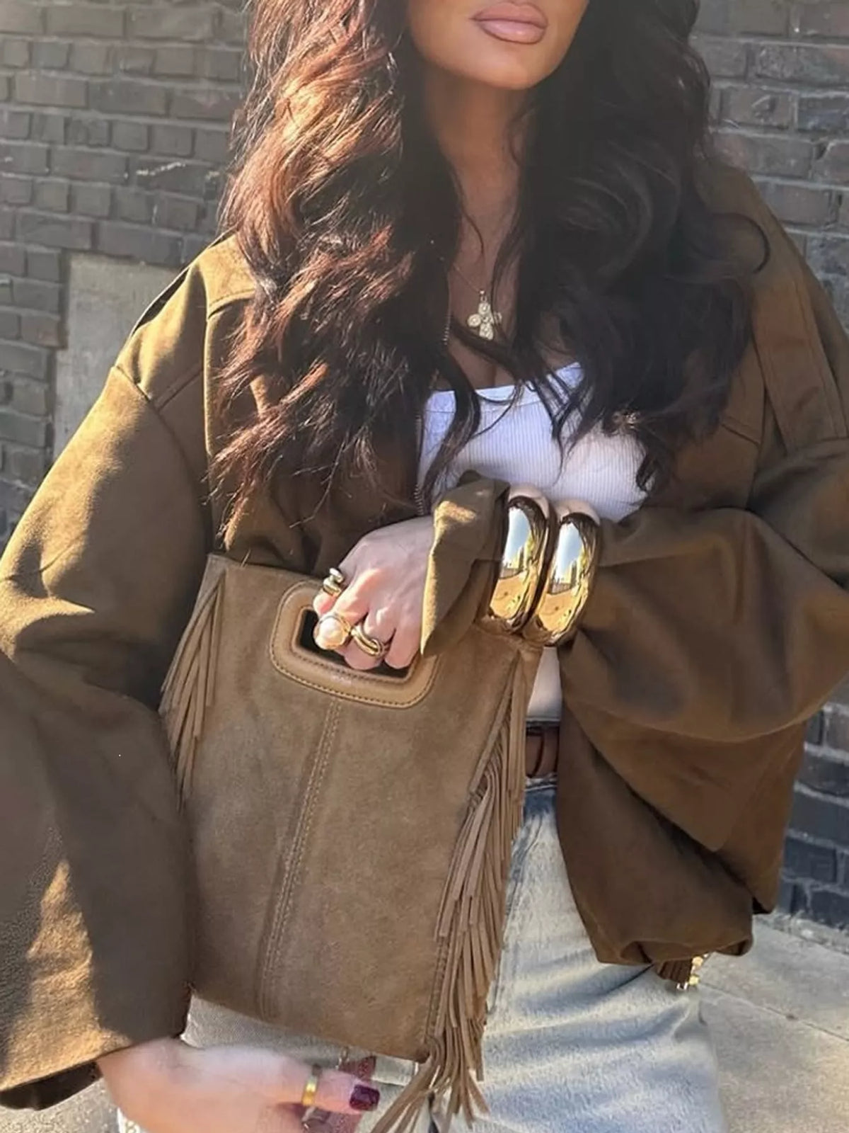 Brown elastic hem batwing sleeve jacket