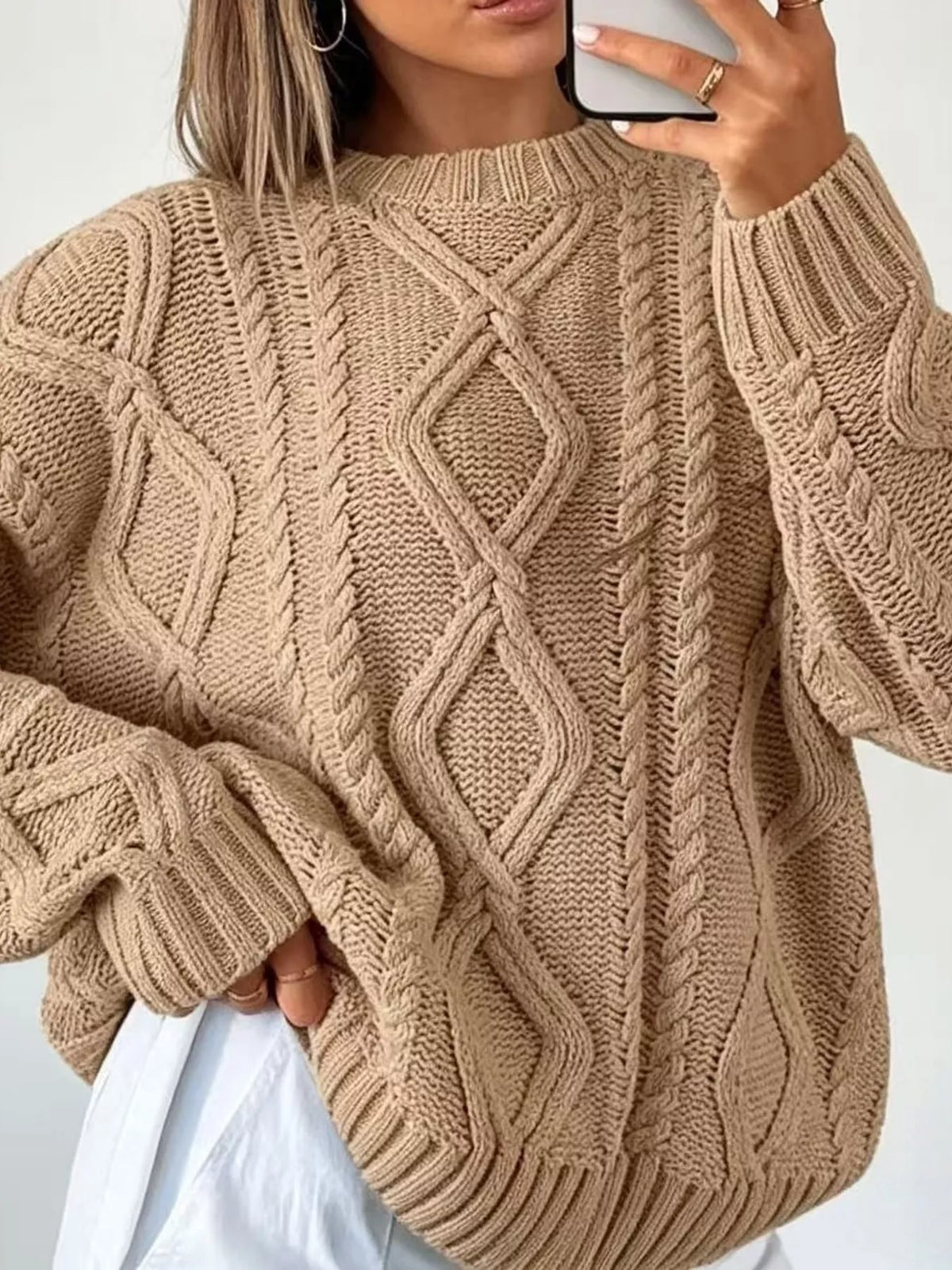 Khaki cable-knit round neck sweater, back view