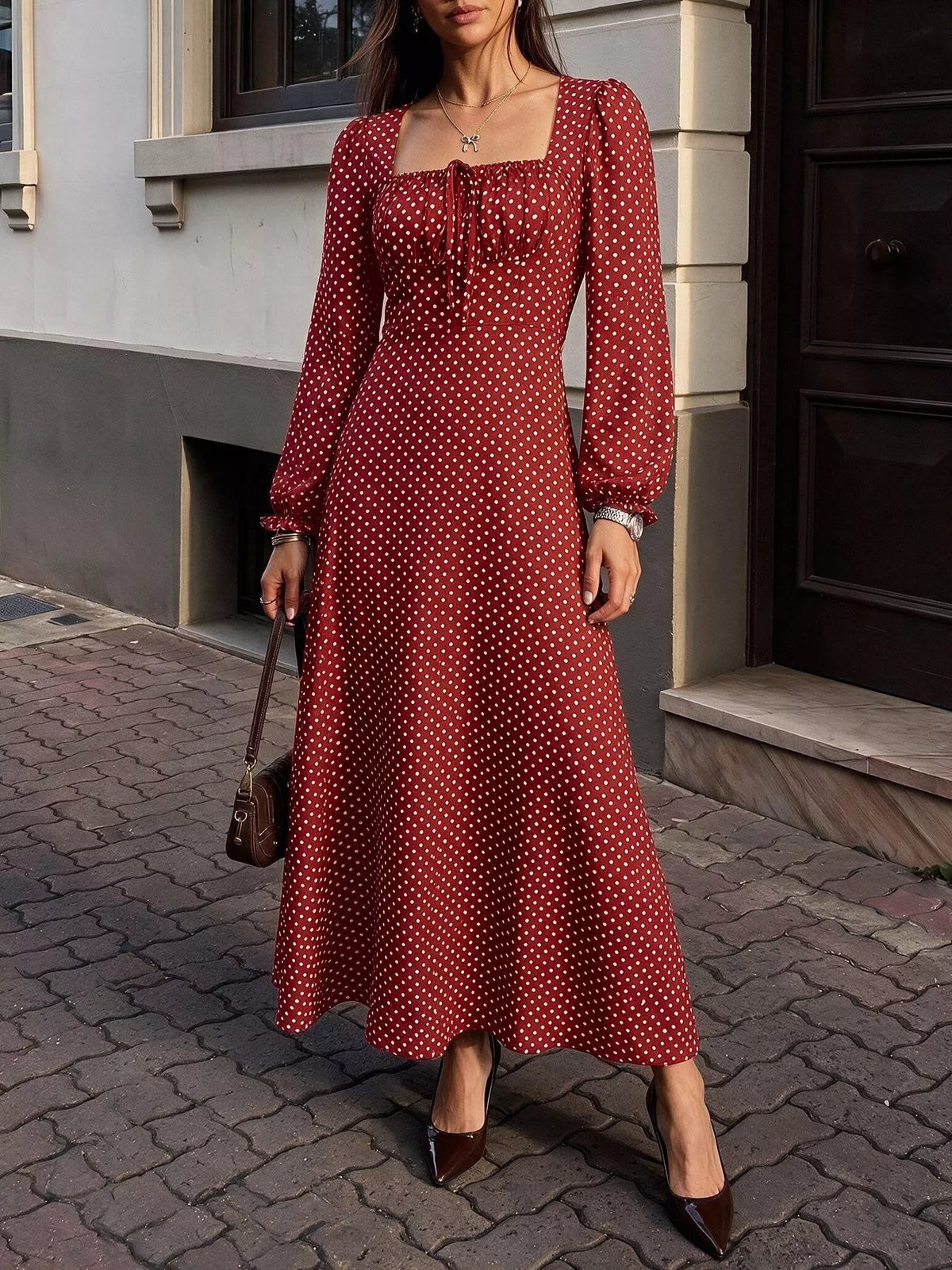 Trendsi Square Neck Polka Dot Long Sleeve Maxi Dress -