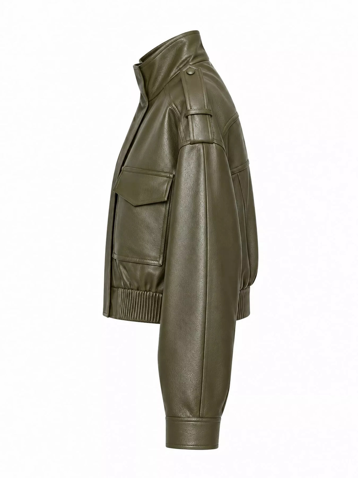 Olive faux leather cropped bomber jacket — side view