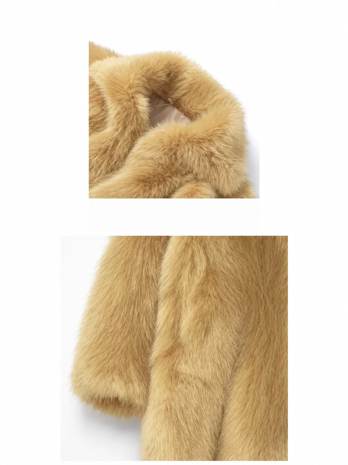 Faux Fur Long Sleeve Coat, detail view in camel