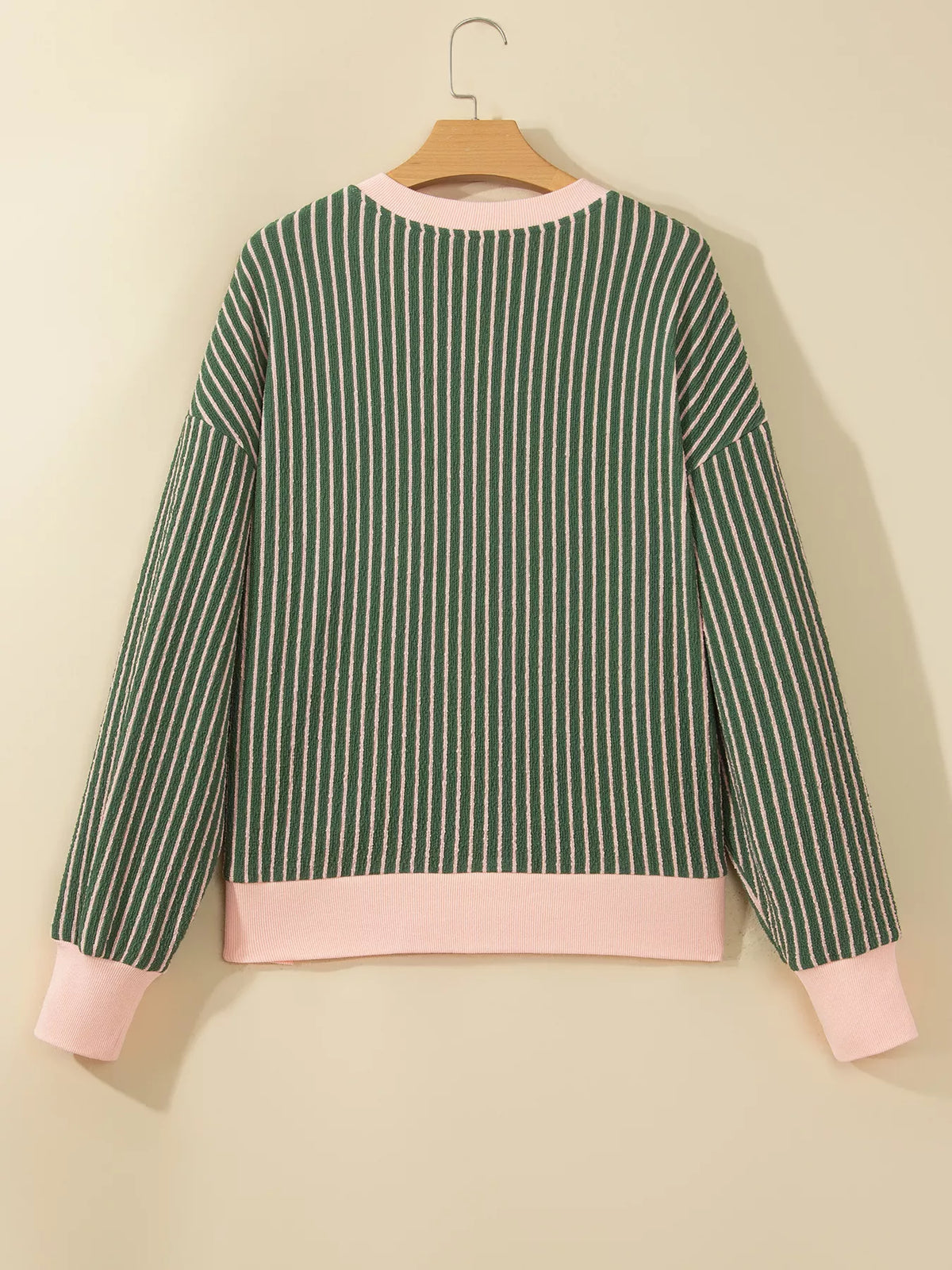 Green and pink striped striped round neck patchwork cardigan — back view