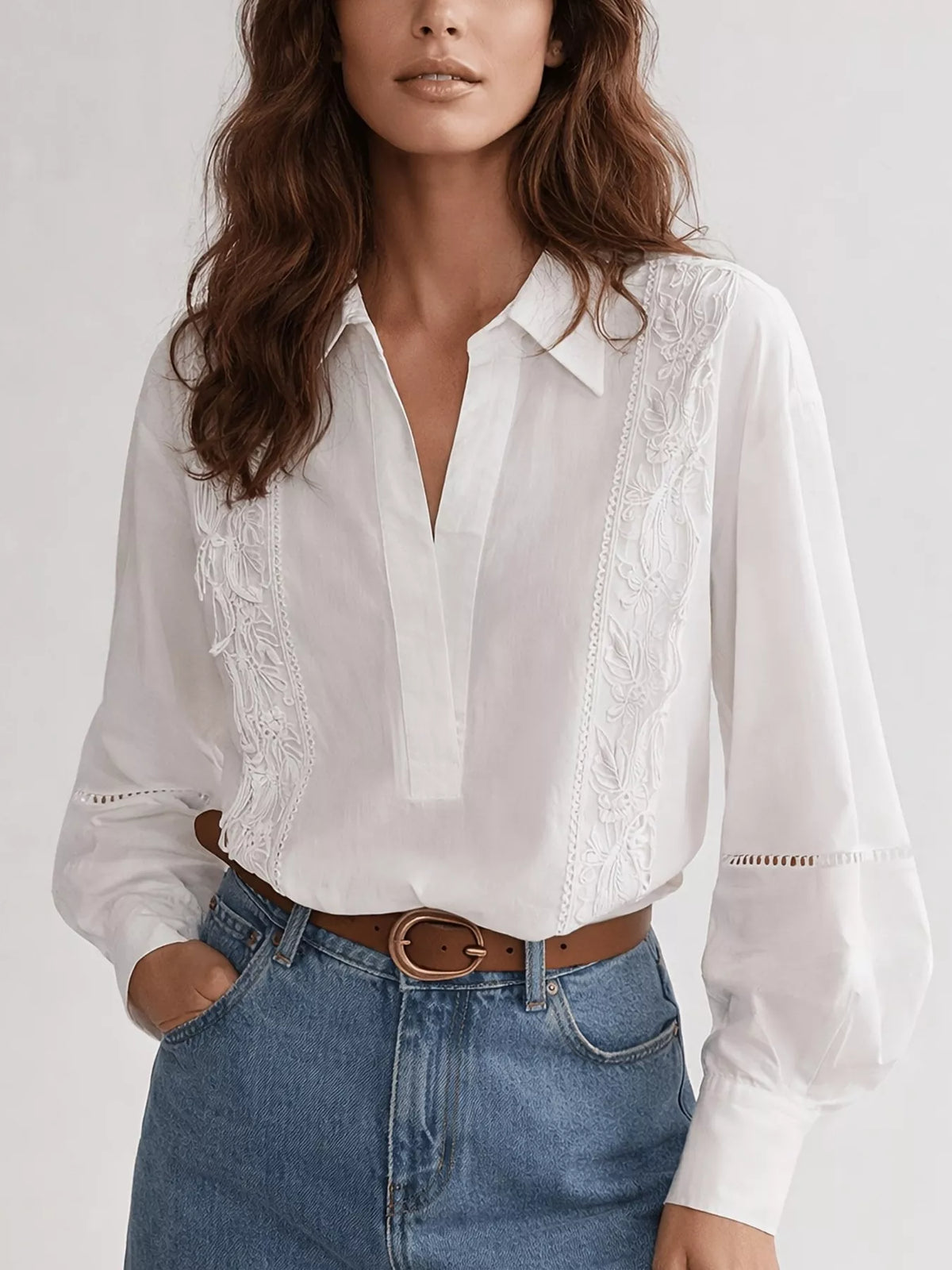 Women's Lace Detail Long Sleeve Shirt in white — front view