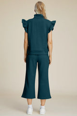 Trendsi Double Take Full Size Texture Ruffle Short Sleeve Top and Wide Leg Pants Set -