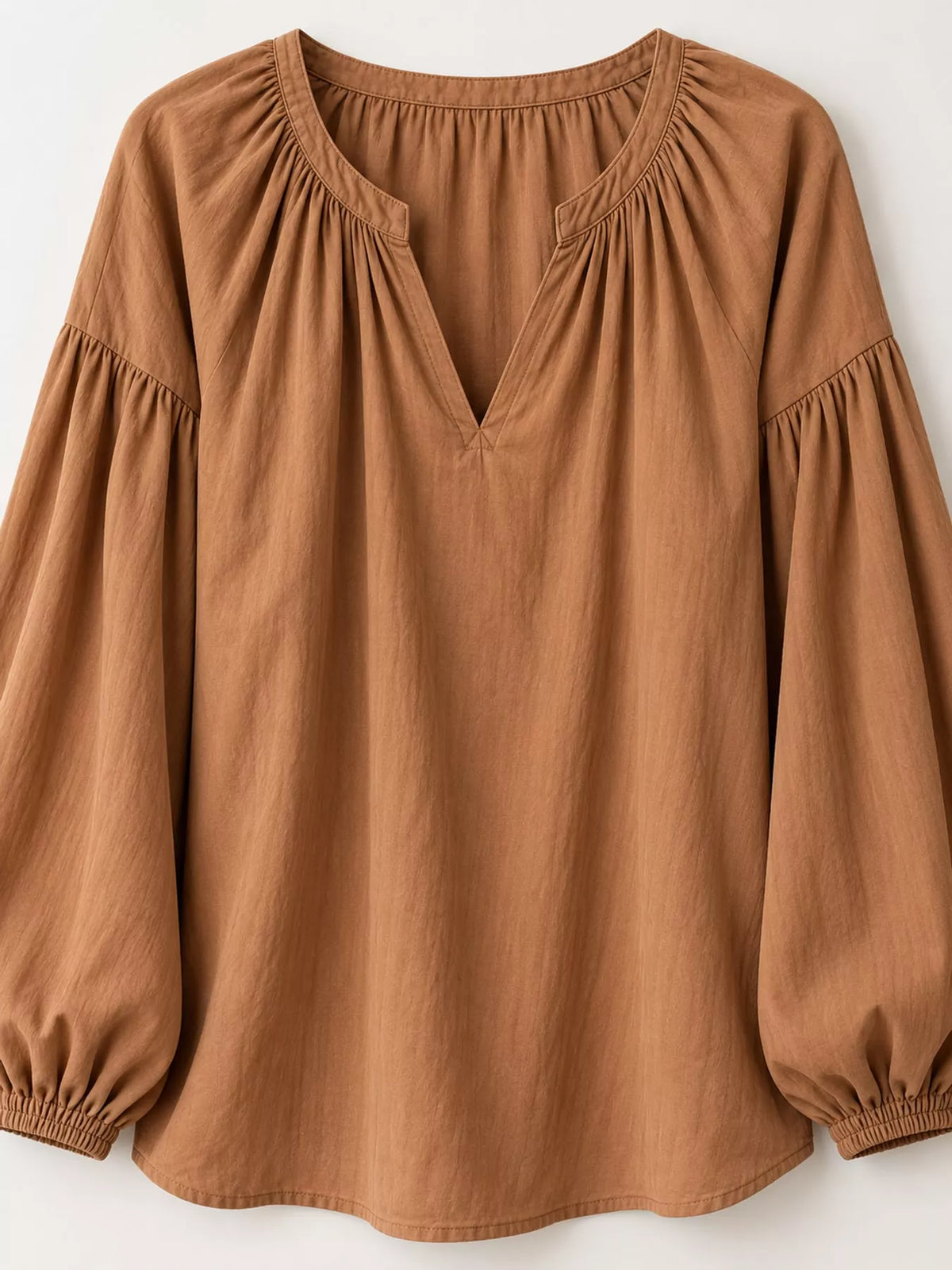 Notched Balloon Sleeve Blouse in brown, front view