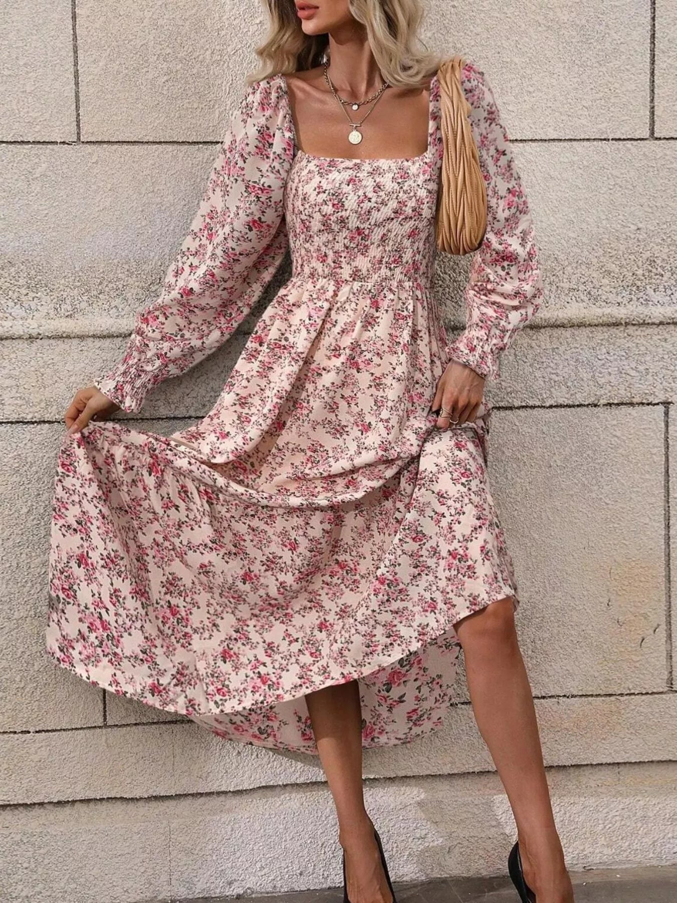 Trendsi Floral Print Square Neck Smocked Midi Dress -