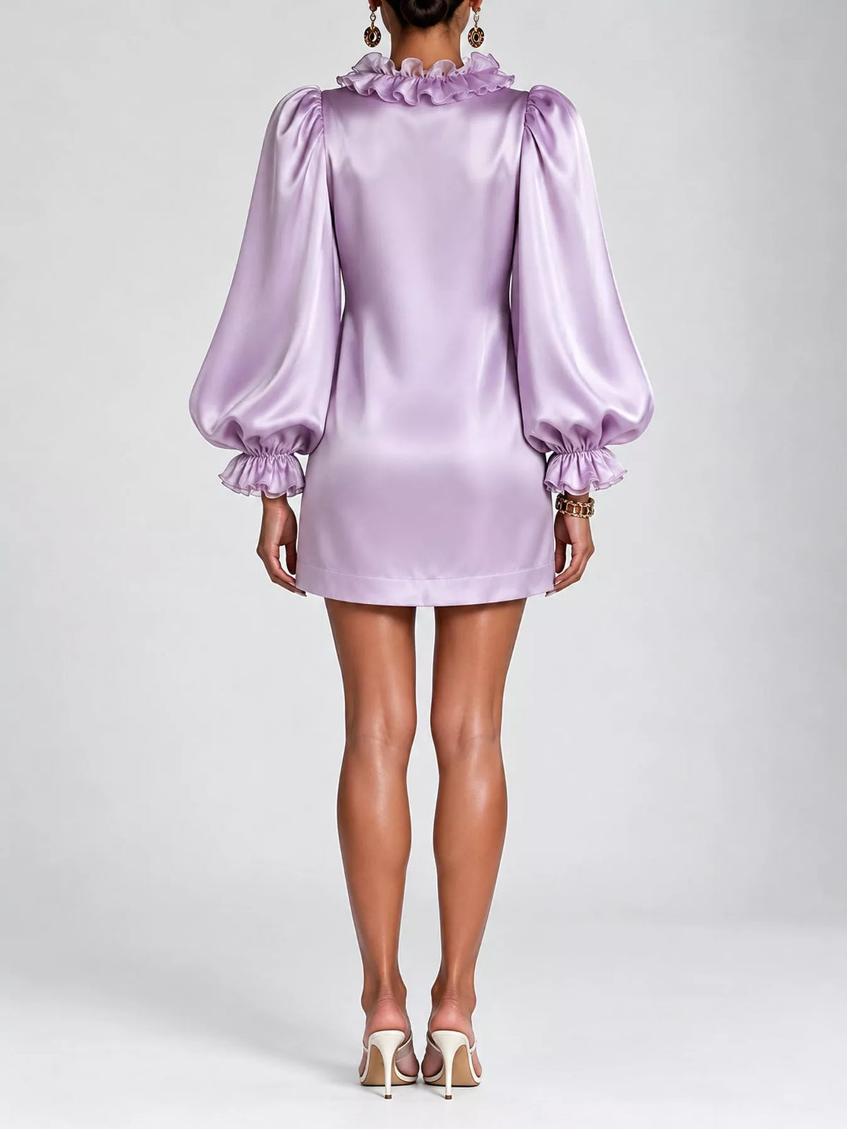 Ruffle Trim Puff Sleeve Mini Dress in lavender, back view