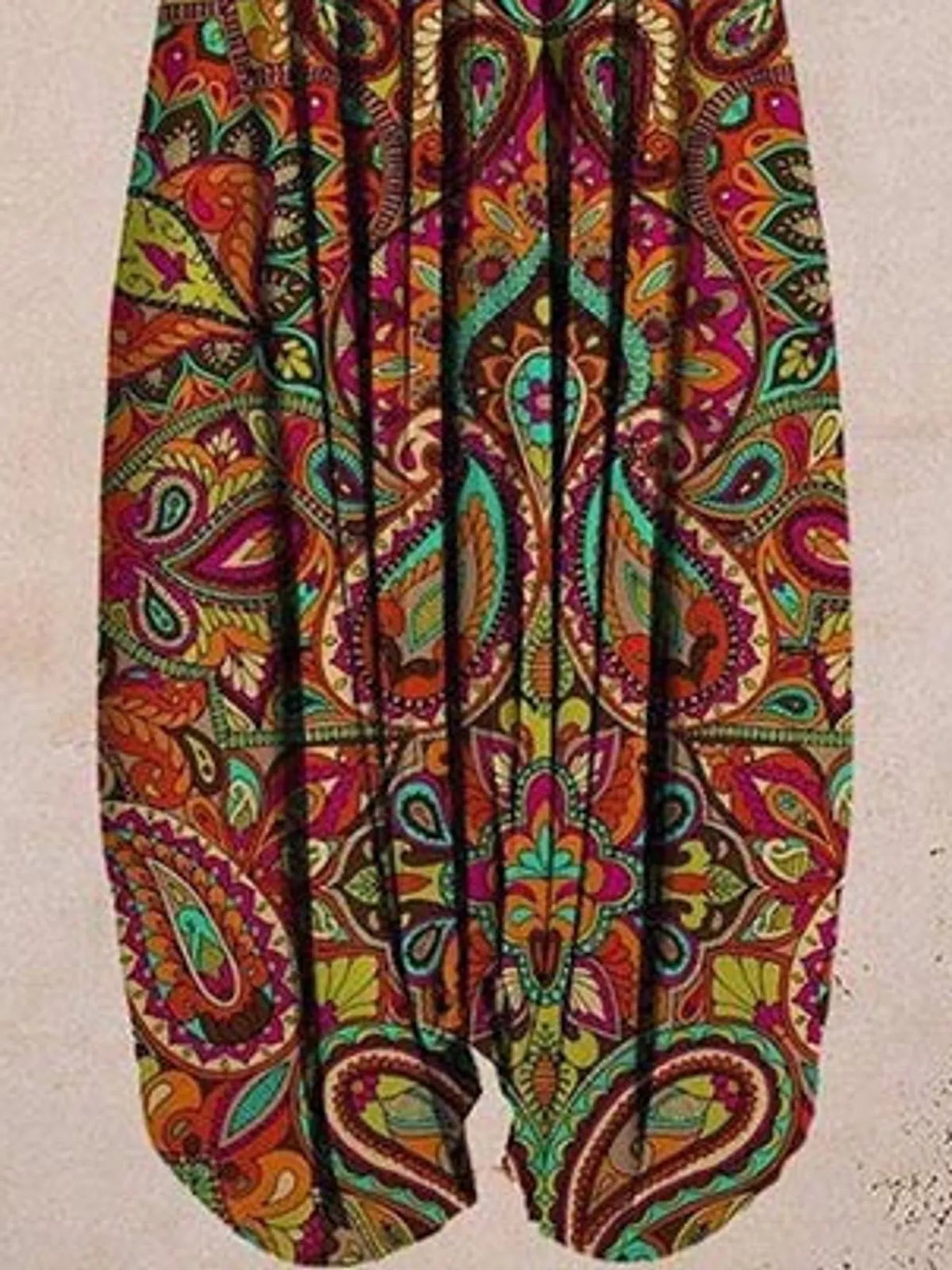 Multicolor paisley-print V-neck sleeveless jumpsuit, leg and print detail