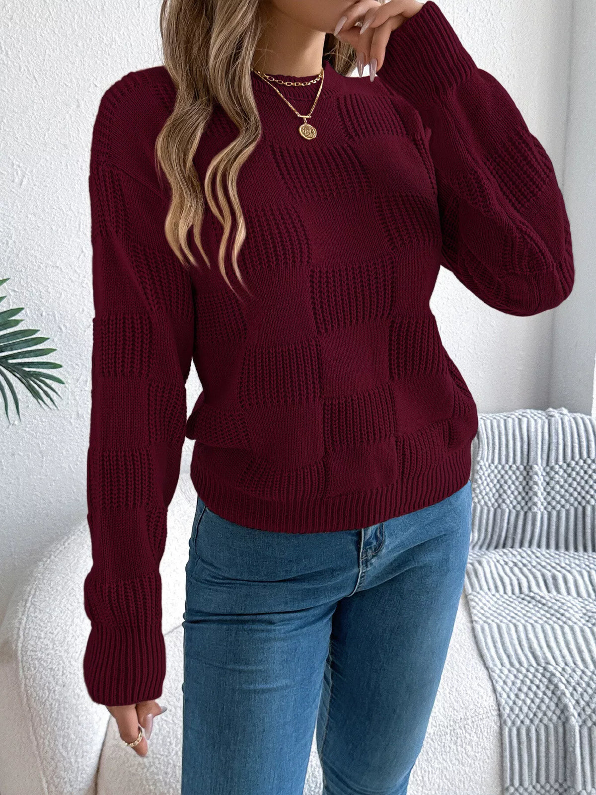 Wine Red checkerboard textured knit sweater