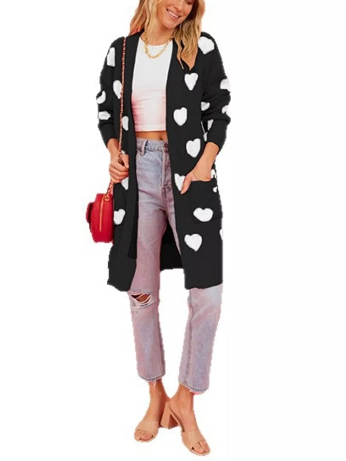 Trendsi Heart Pattern Open Front Longline Cardigan -