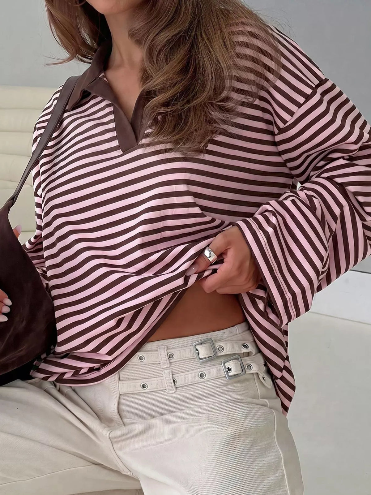 Striped Polo Collar Long Sleeve Top, hem detail