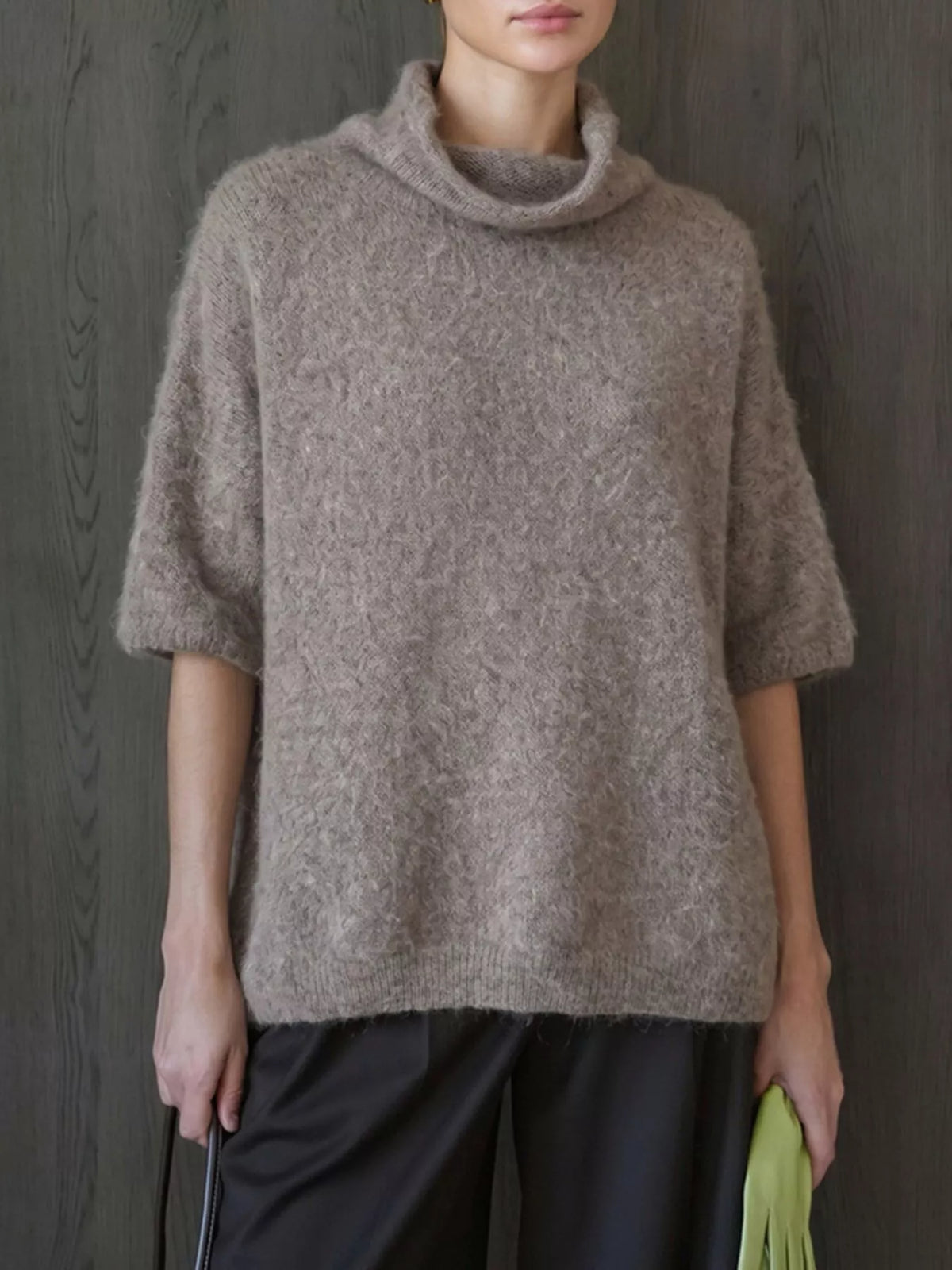 Fuzzy short-sleeve turtleneck sweater in mocha, front view