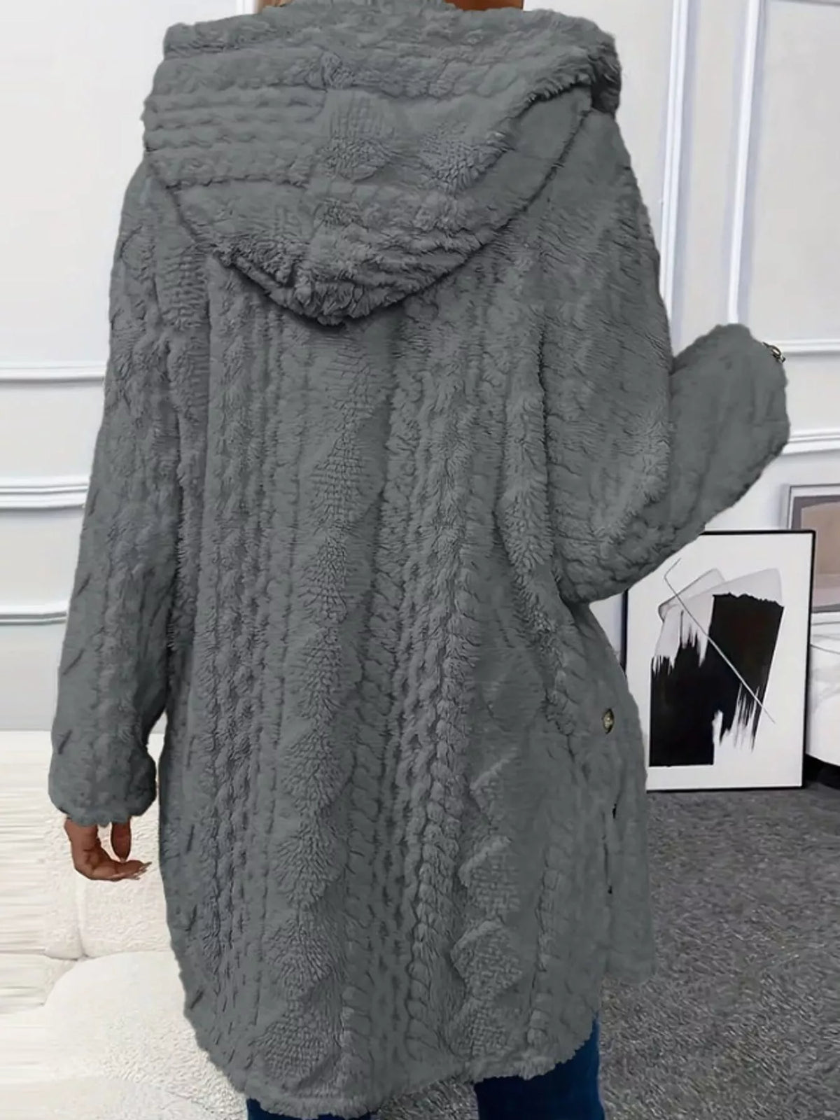 Gray cable knit faux fur hooded jacket, back view