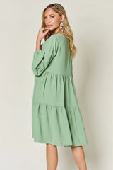 Trendsi Double Take Full Size V-Neck Balloon Sleeve Tiered Dress with Pockets -
