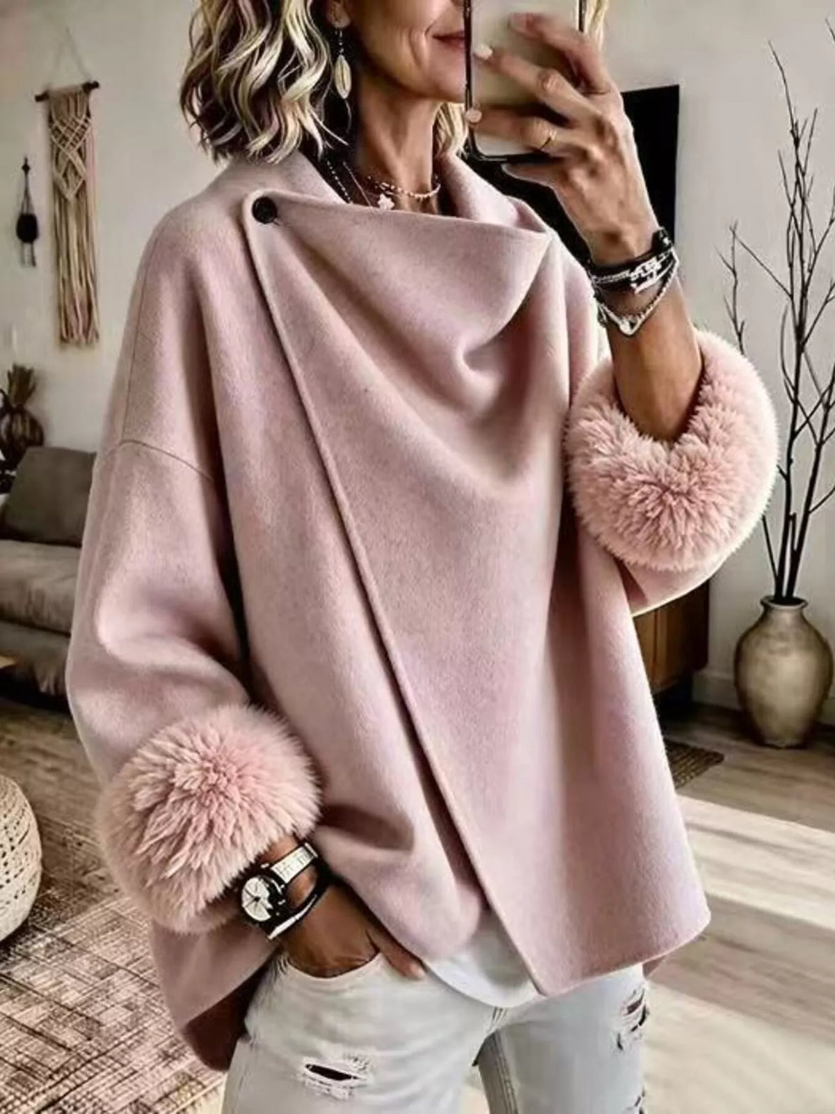 Asymmetric Buttoned Jacket with Faux Fur Cuffs, front view