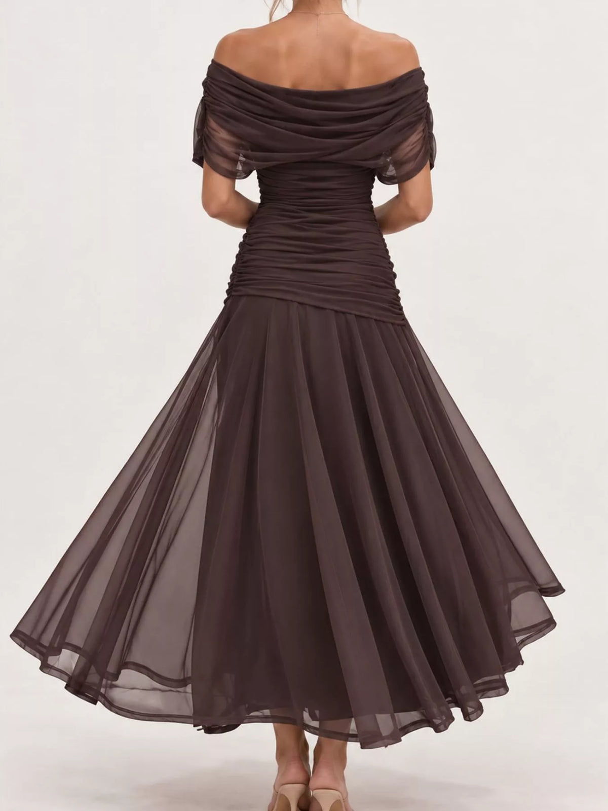 Brown off shoulder ruched tulle evening dress, back view