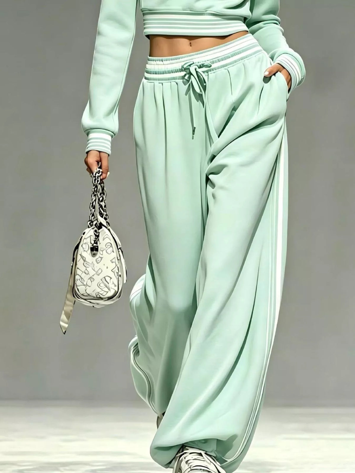 Green half-zip crop top and pants set, pants detail