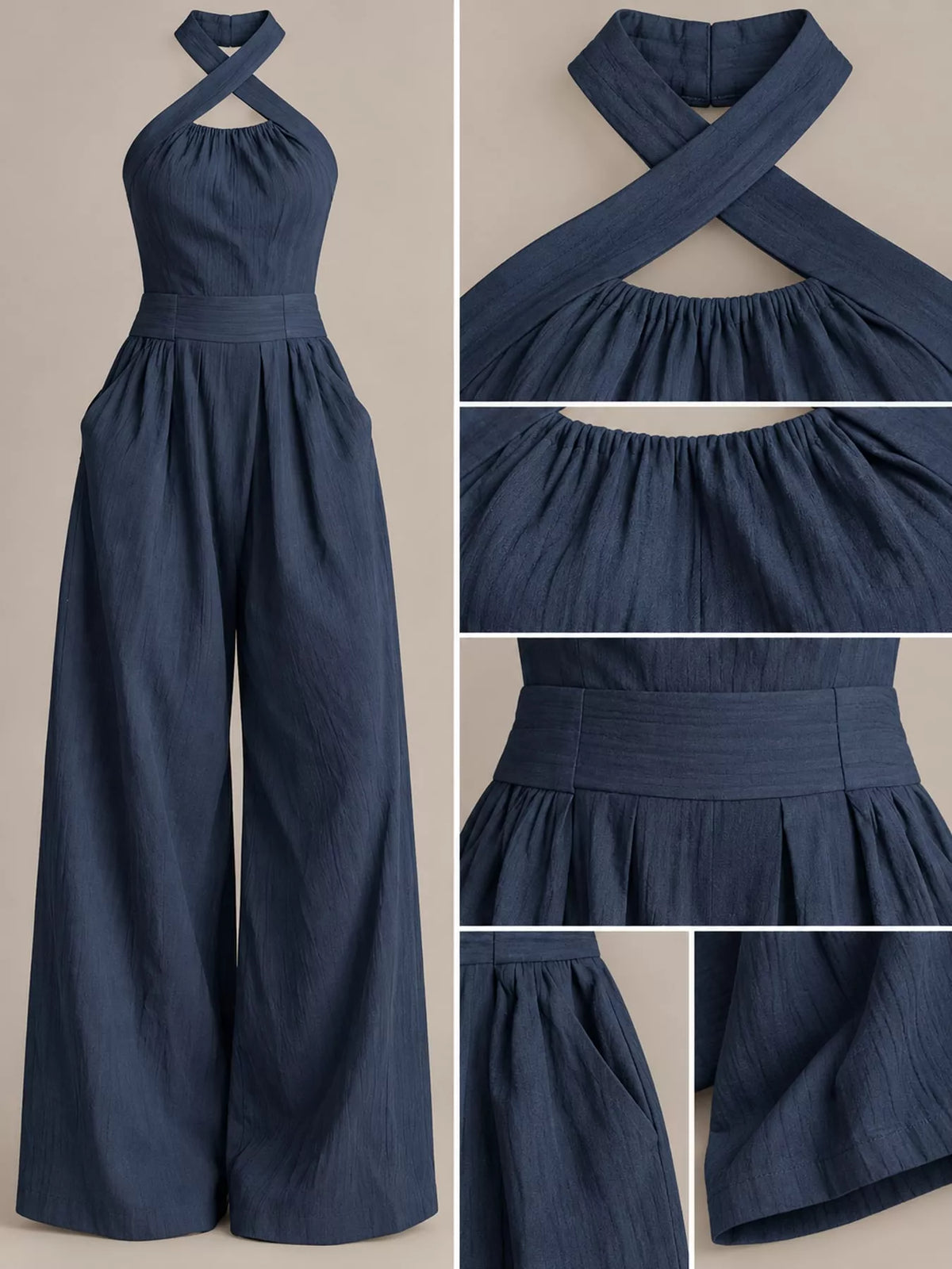 Wide-leg jumpsuit, navy detail collage