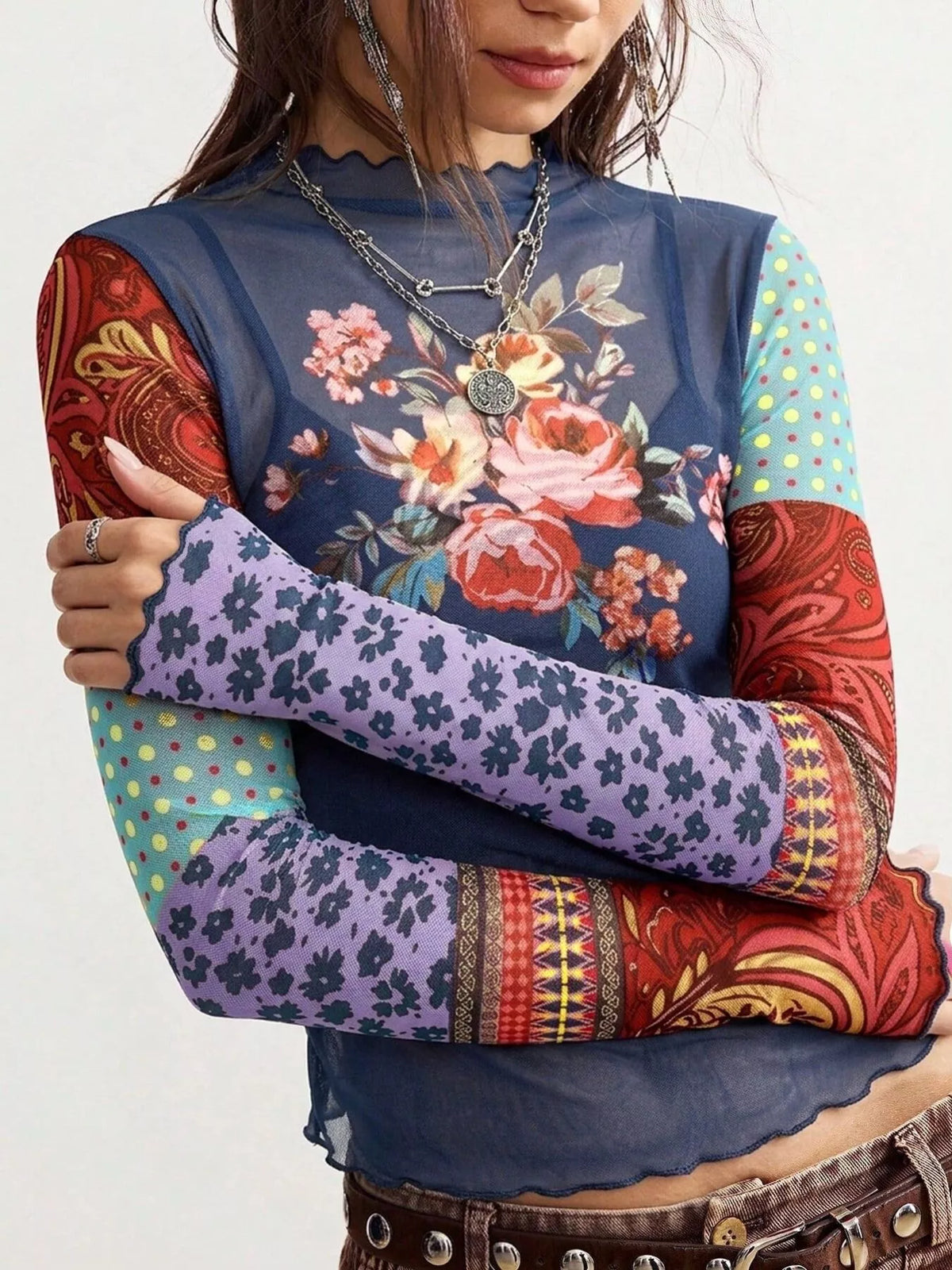 Trendsi Floral Print Mesh Mock Neck Long Sleeve Top -