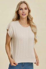 Trendsi Double Take Full Size Cable-Knit Round Neck Short Sleeve Sweater -