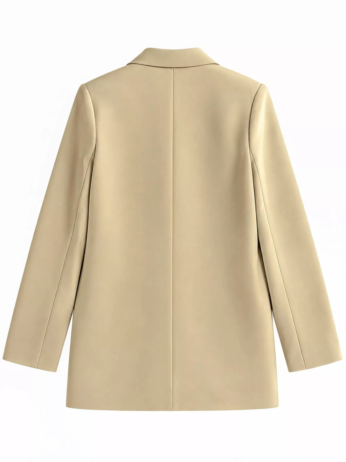 Beige double-breasted lapel collar blazer, back view