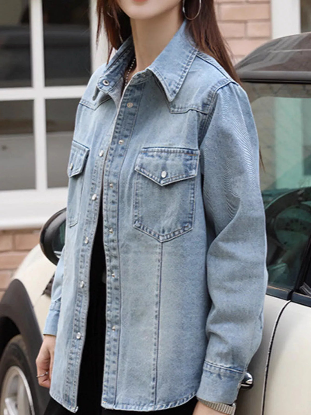Snap Down Cropped Denim Shacket in blue