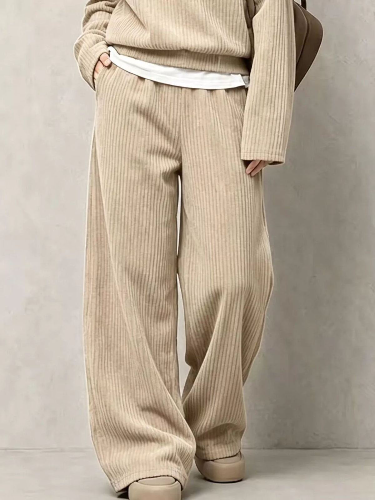 Women's Corduroy Button Detail Top and Wide-Leg Pants Set in beige — pants detail view