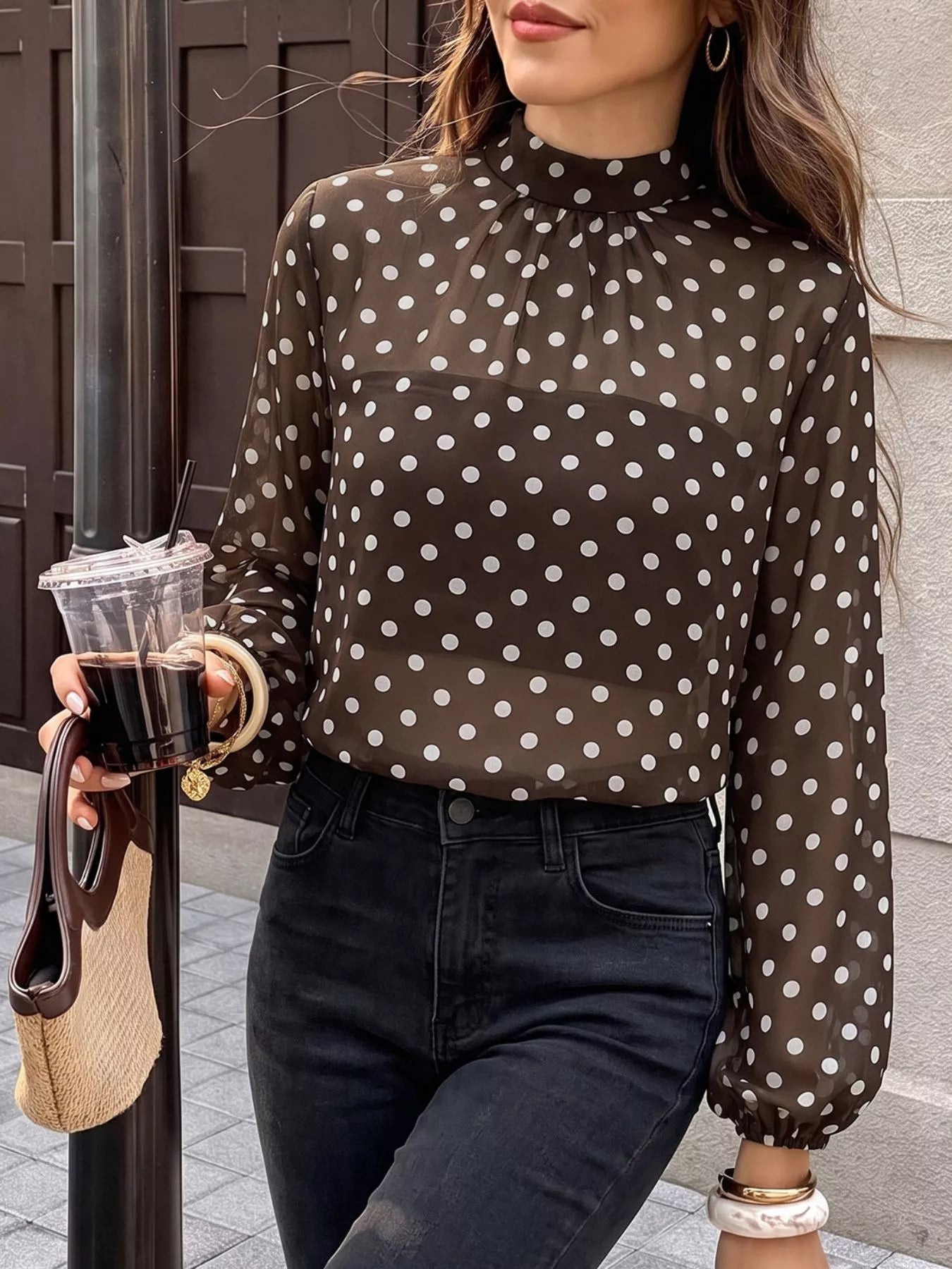 Trendsi Polka Dot Mock Neck Long Sleeve Blouse -