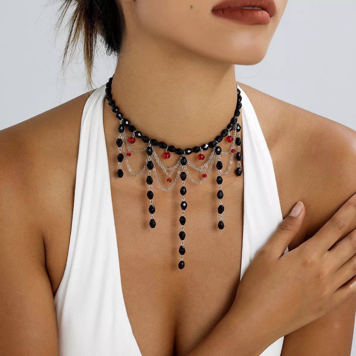 Trendsi Gothic Beaded Tassel Choker Necklace -