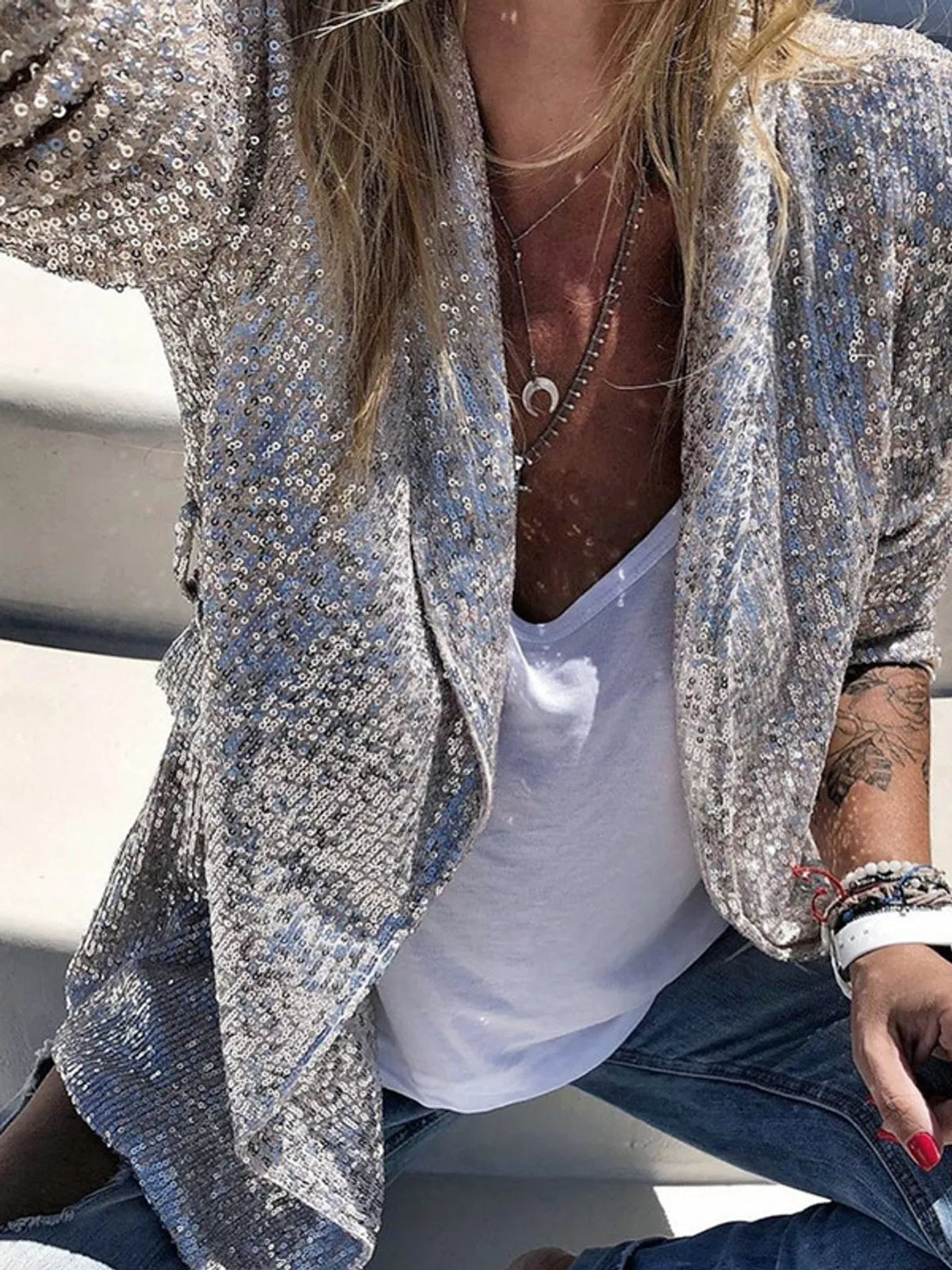 Sequin Open-Front Blazer, detail view in silver