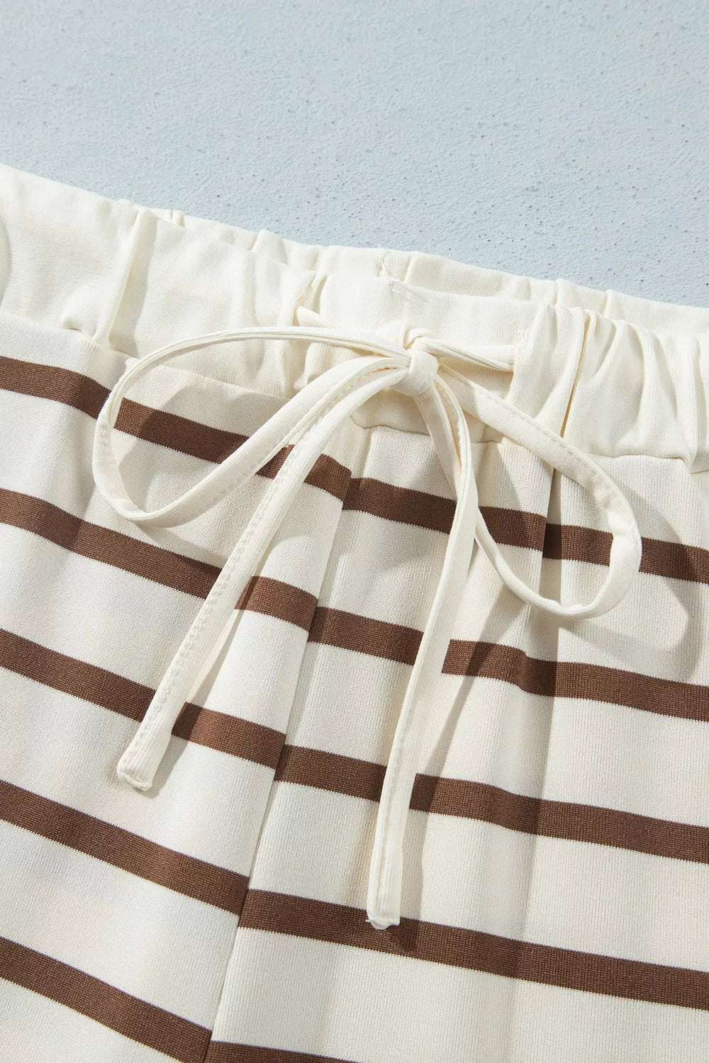 Beige striped long sleeve top and drawstring pants set