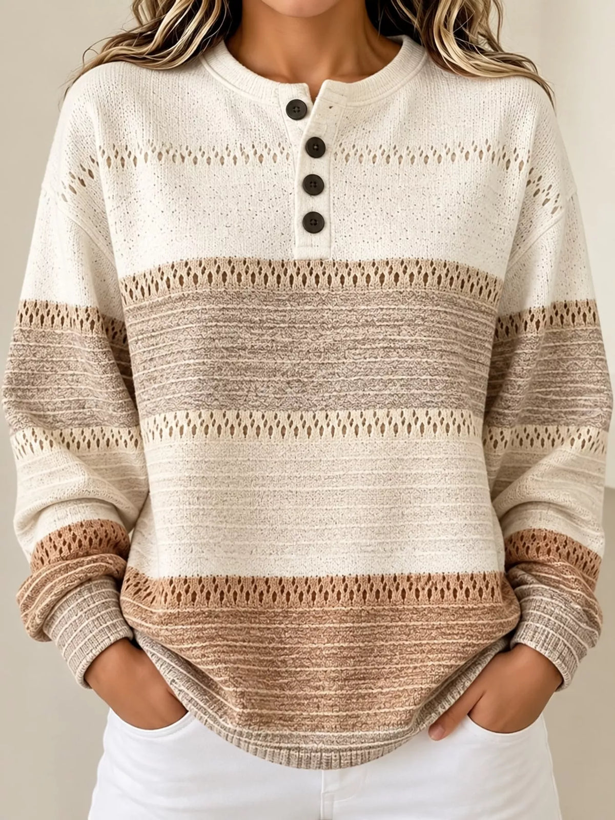 White and brown color block button neck knit sweater, front view